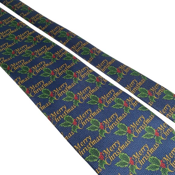 Vintage Merry Christmas Holiday Tie Festive Holly Pattern Party Dad Gift - Picture 2 of 5